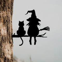 Iron Witch And Cat Garden Stake Yard Art Decor Tree Stump Plug-in