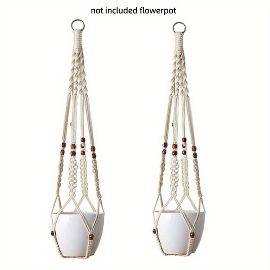 2pcs Macrame Plant Hanging Basket Wood Beads No Tassels Indoor Outdoor