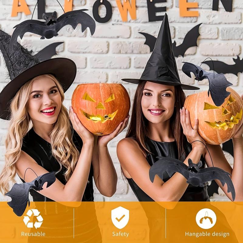 5pcs Halloween Hanging Bats Decor Creepy Flying Rubber Bats Decor