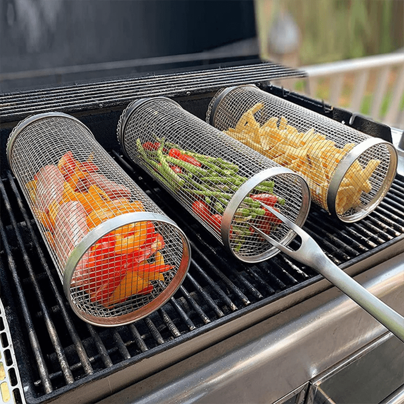 3pcs BBQ Basket Set with Hook & Fork Outdoor Barbecue Net Barrel
