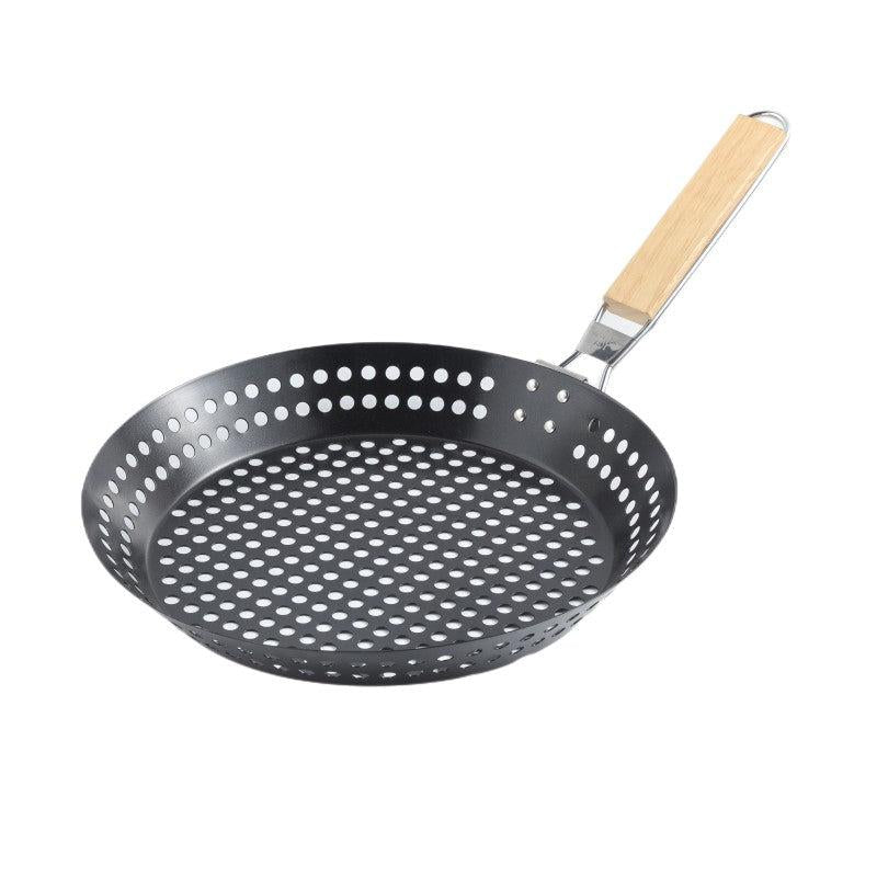 Non Stick BBQ Frying Pan Outdoor Cooking Camping Seafood Veggies Foldable Handle