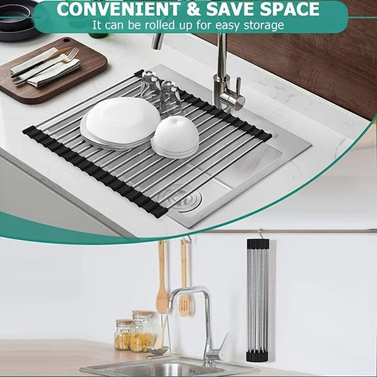 Roll Up Dish Drying Rack Over Sink Drainer Heat Resistant Sturdy