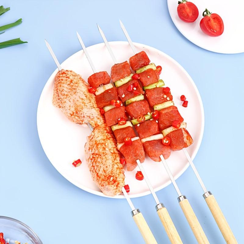 10pcs Stainless Steel Barbecue Skewers with Wooden Handle BBQ Accessories
