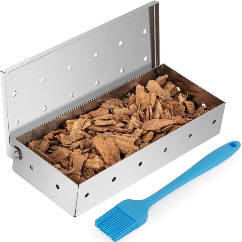 Stainless Steel BBQ Smoker Box & Basting Brush for Grilling, Wood Chips Box