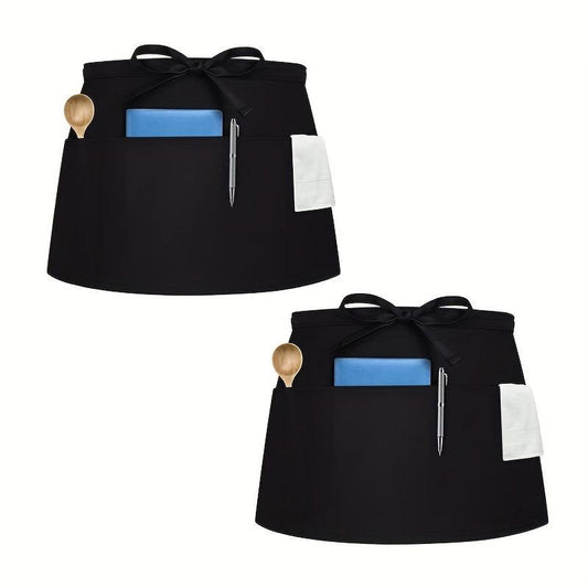 2pcs Waitress Apron Server Aprons 3 Pockets Water Resistant Waist Apron