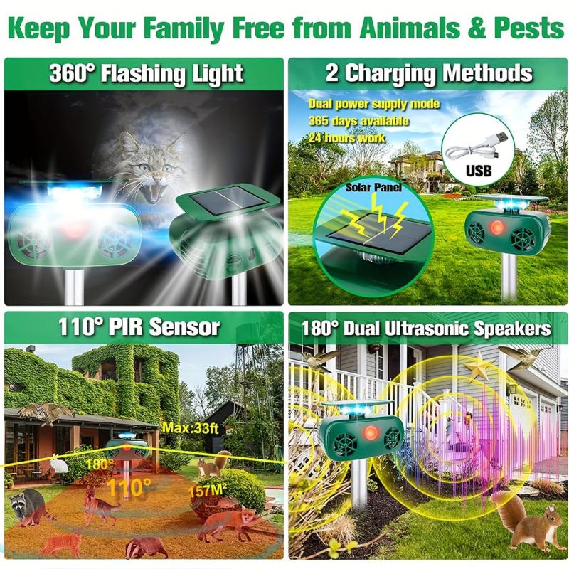 Solar Powered Ultrasonic Animal Repeller with Motion Sensor & Lights