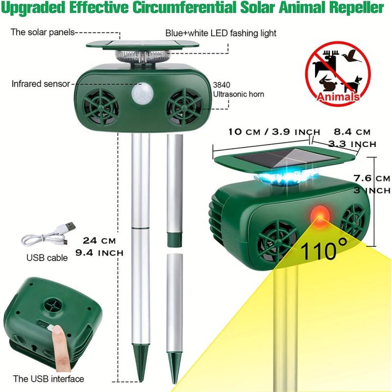 Solar Powered Ultrasonic Animal Repeller with Motion Sensor & Lights