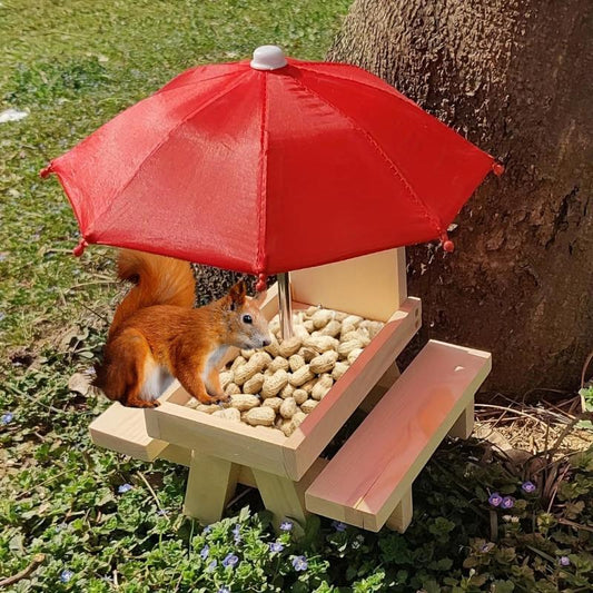 Wooden Squirrel Feeder Picnic House with Umbrella for Outdoor Garden