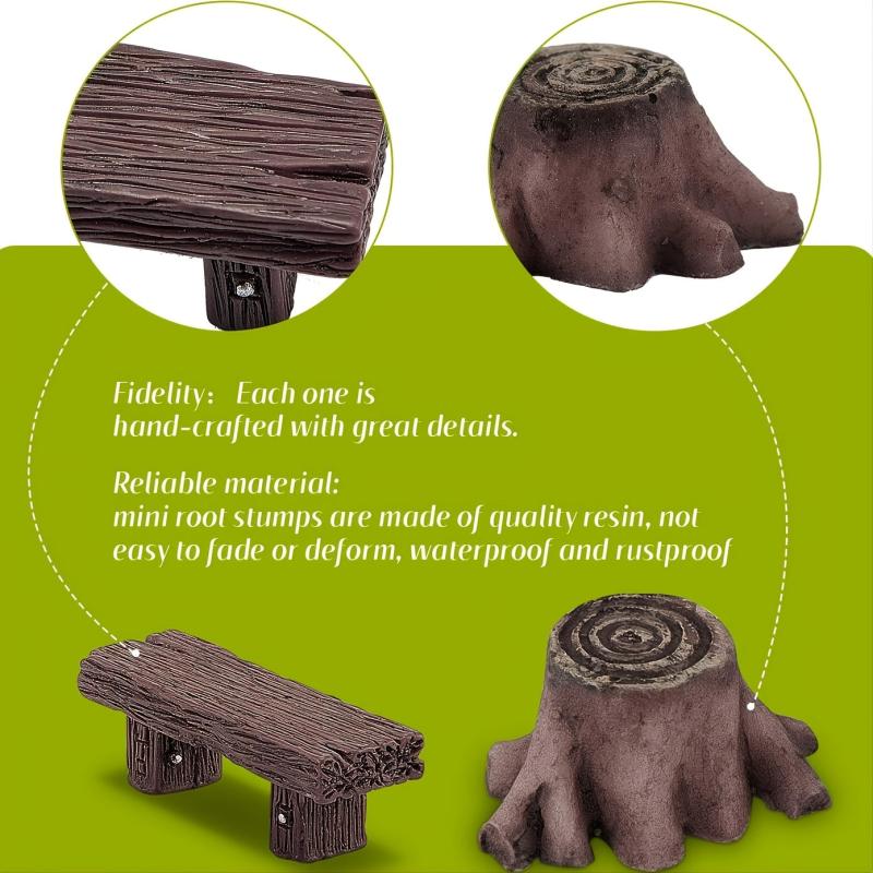 12pcs Fairy Garden Ornaments: Wooden Benches & Mini Root Stumps