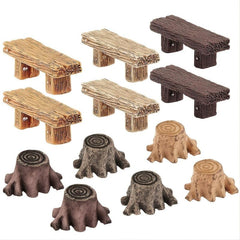 12pcs Fairy Garden Ornaments: Wooden Benches & Mini Root Stumps