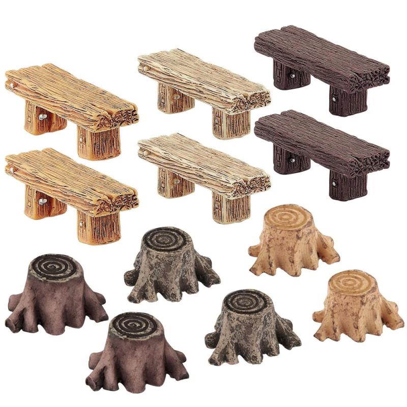 12pcs Fairy Garden Ornaments: Wooden Benches & Mini Root Stumps