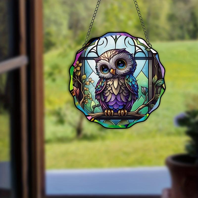 Plastic Owl Suncatcher Stained Glass Window Hanging Halloween Decor