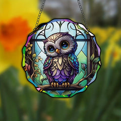 Plastic Owl Suncatcher Stained Glass Window Hanging Halloween Decor