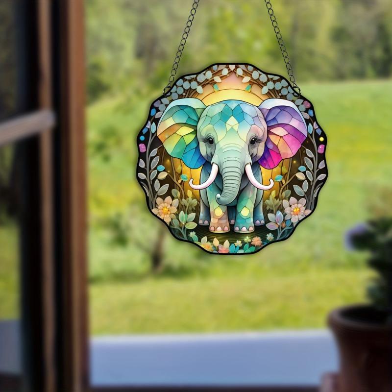 Rainbow Elephant Suncatcher Stained Window Hanging Home Decor