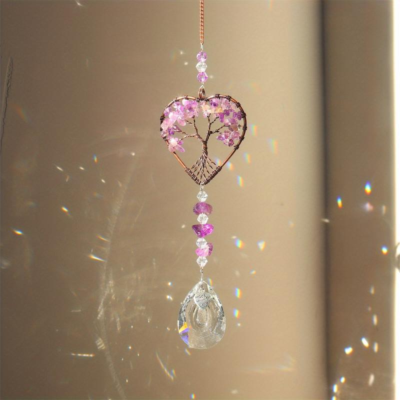 Rainbow Crystal Tree Of Life Suncatcher Heart Shape Chakra Stones