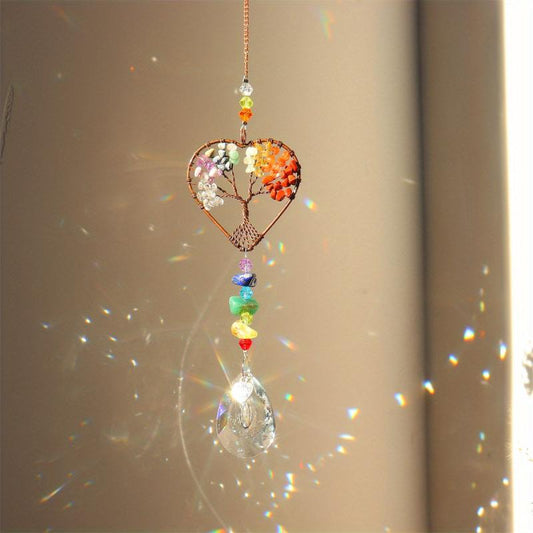 Rainbow Crystal Tree Of Life Suncatcher Heart Shape Chakra Stones