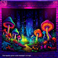 Neon Mushroom Forest Blacklight Tapestry Wall Hanging