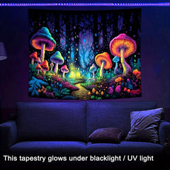 Neon Mushroom Forest Blacklight Tapestry Wall Hanging