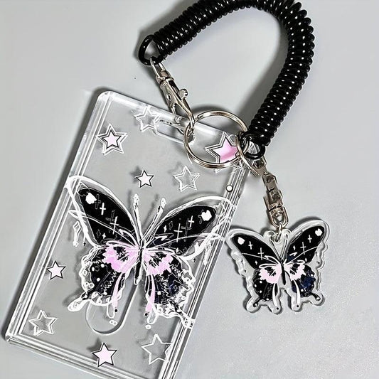 Y2K Pink Butterfly ID Card Holder Keychain