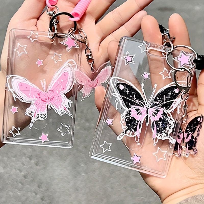 Y2K Pink Butterfly ID Card Holder Keychain