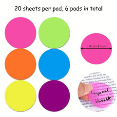 6 Packs Colorful Round Clear Sticky Tabs Translucent Book Markers
