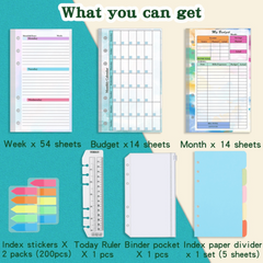 82pcs A6 Budget Page Replacement Core 6 Hole Loose leaf Weekly Monthly Plan