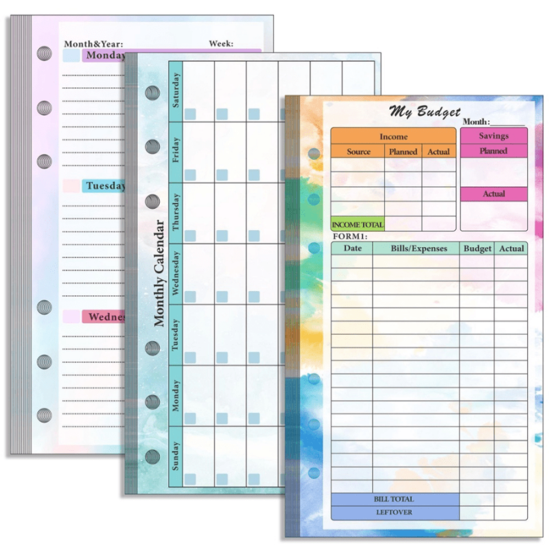 82pcs A6 Budget Page Replacement Core 6 Hole Loose leaf Weekly Monthly Plan