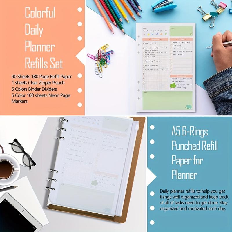 Colorful A5 Planner Inserts & Refills, 6 Ring Binder, PVC Pouch