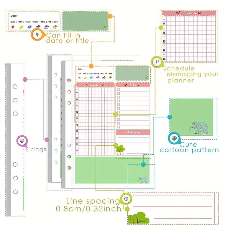 Colorful A5 Planner Inserts & Refills, 6 Ring Binder, PVC Pouch