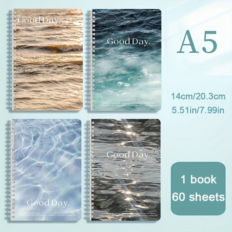 4pcs A5 Spiral Notebook Sea Wave Pattern 240 Sheets