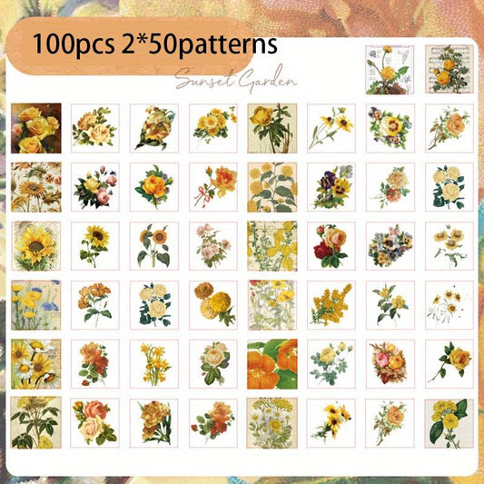 100pcs Floral Vintage Washi Self-Adhesive Decorative Sticker Book