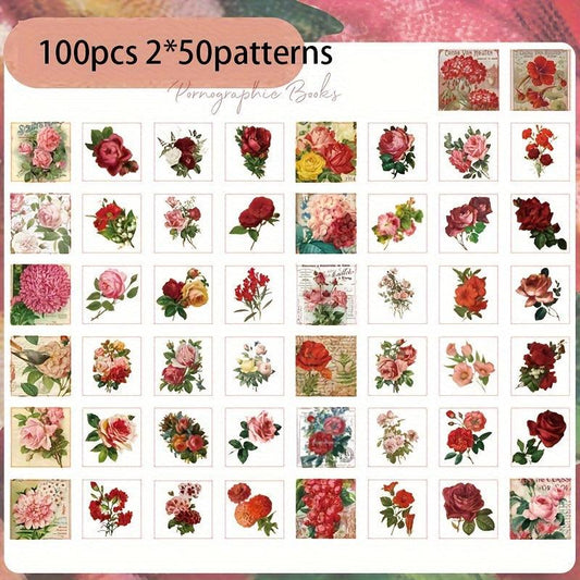 100pcs Floral Vintage Washi Self-Adhesive Decorative Sticker Book