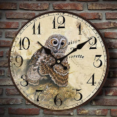 Hand-painted Owl Retro Round Clock Silent Home Decoration Art