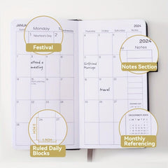 A6 Faux Leather 18-Month Planner Jan-Jun Pocket Pen Holder Strap Business