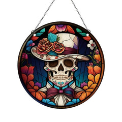 Halloween Acrylic Window Hanging Mexican Skull Floral Hat Painted Decor