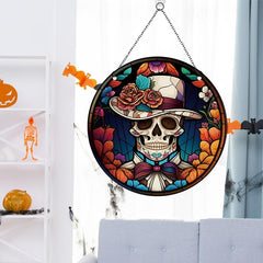 Halloween Acrylic Window Hanging Mexican Skull Floral Hat Painted Decor