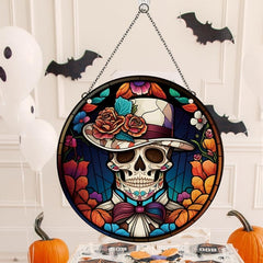 Halloween Acrylic Window Hanging Mexican Skull Floral Hat Painted Decor