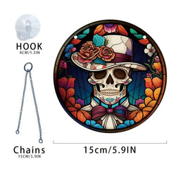 Halloween Acrylic Window Hanging Mexican Skull Floral Hat Painted Decor