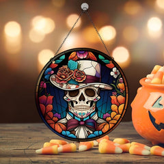 Halloween Acrylic Window Hanging Mexican Skull Floral Hat Painted Decor