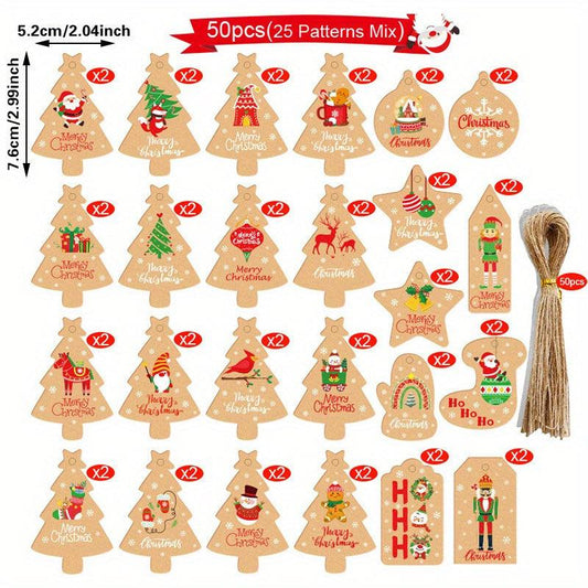 50pcs Christmas Tree Tags with Twines Xmas Decorations Party Supplies