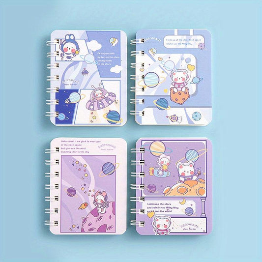 4pcs Cartoon Coil Mini Notebook Set, 320 Sheets A7 Student Portable Book