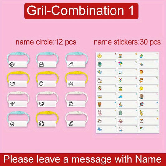 Custom Name Ring Pendant School Set - Waterproof Stickers - Hang Tag Rope