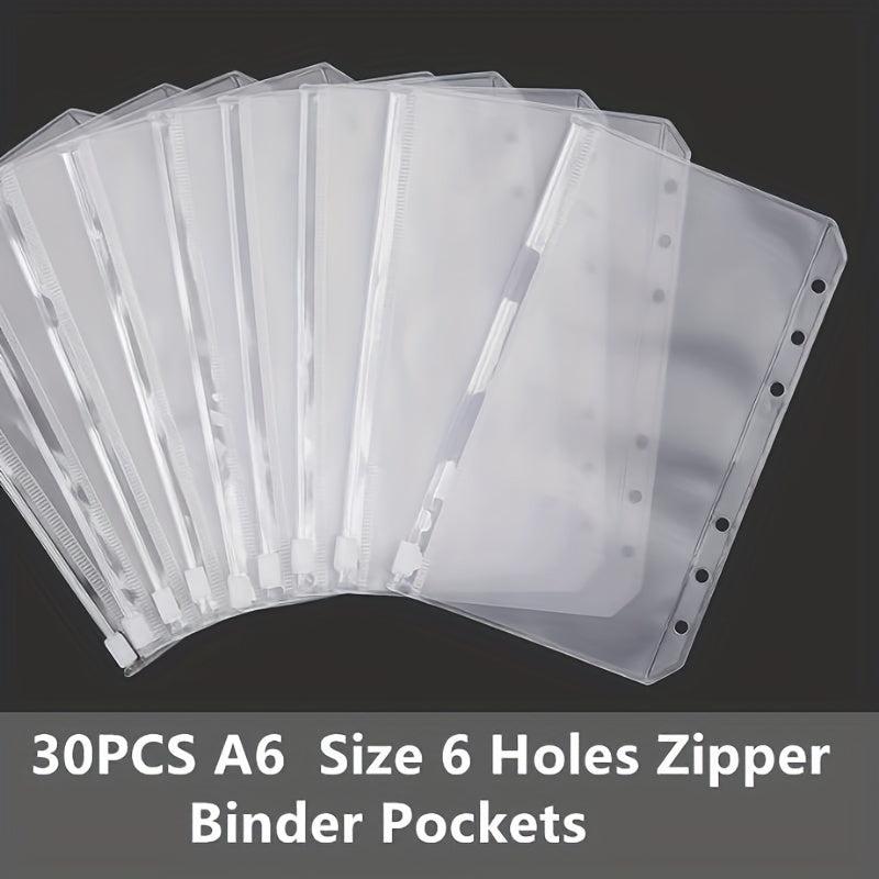 30pcs A6 Binder Pocket 6 Holes Budget Envelopes Clear Zipper Ring Bag