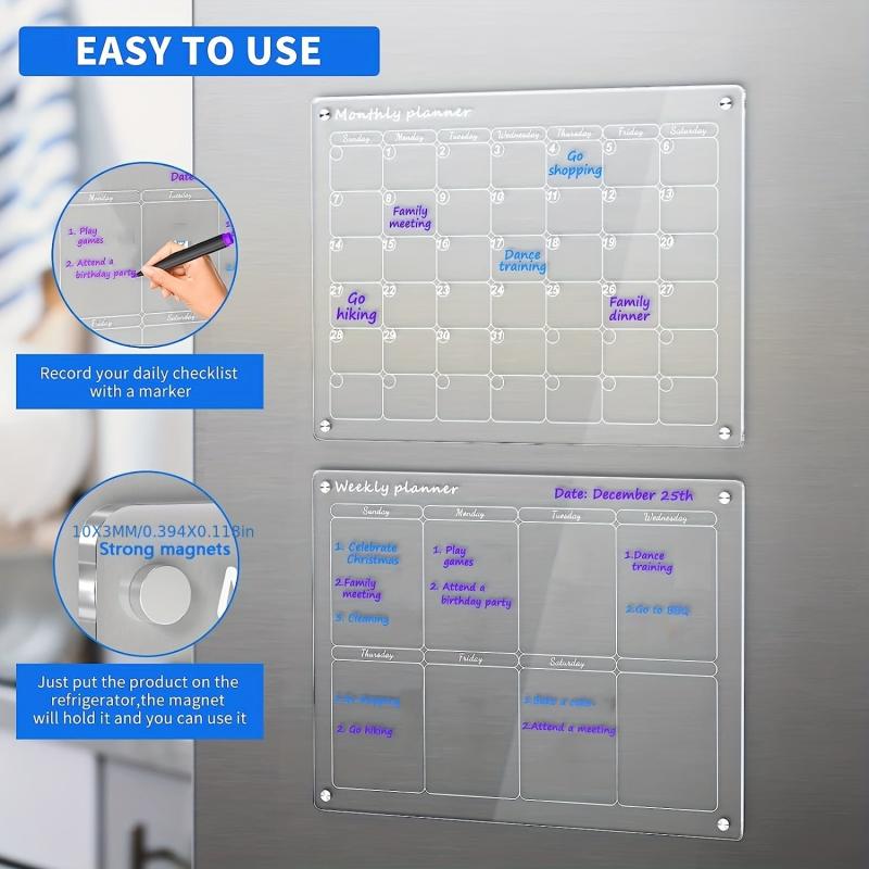 2pcs Acrylic Magnetic Calendar For Fridge Monthly And Weekly Planning