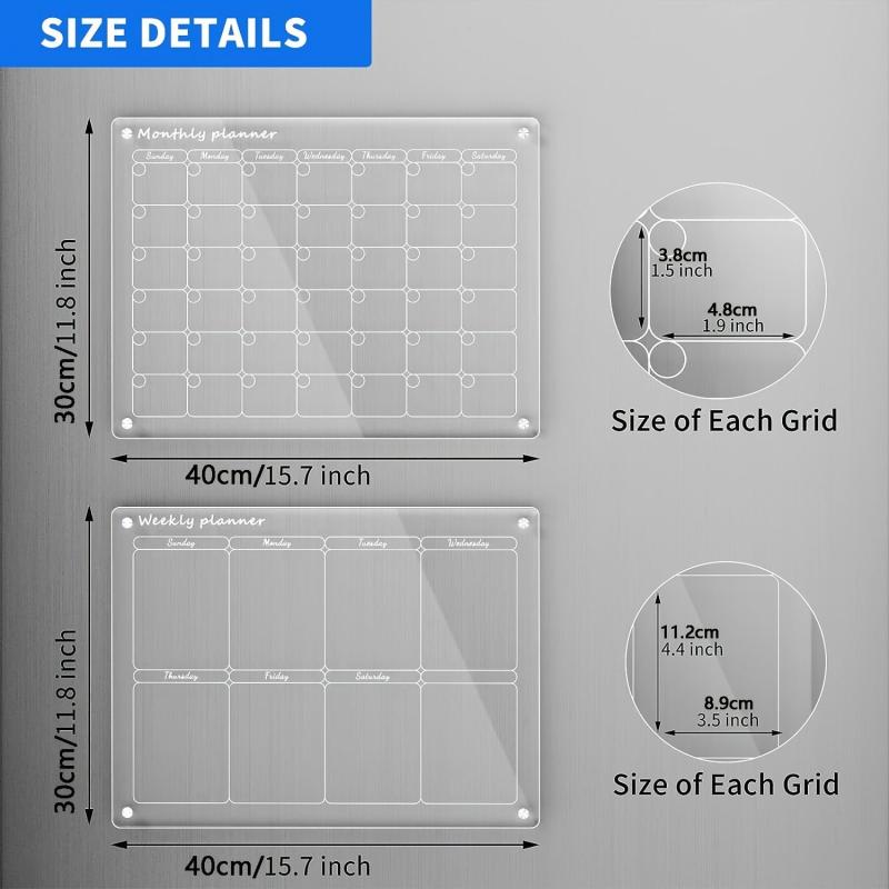 2pcs Acrylic Magnetic Calendar For Fridge Monthly And Weekly Planning