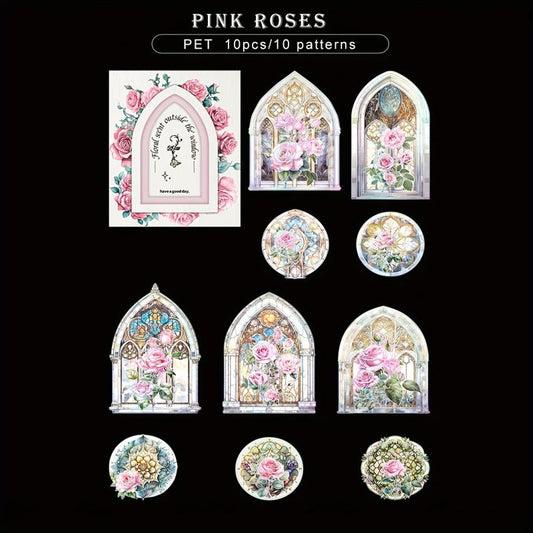 10pcs Waterproof Rose Window Stickers for Planners Scrapbook Laptops