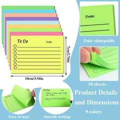 50pcs Fluorescent Sticky Notes Set, 450 Date Memo Pads, Office Stickers