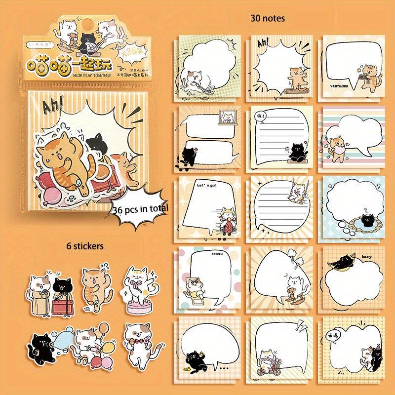 36pcs Cartoon Cat Sticker Stationery Set & Memo Pad