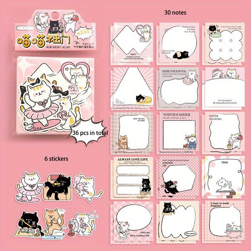 36pcs Cartoon Cat Sticker Stationery Set & Memo Pad