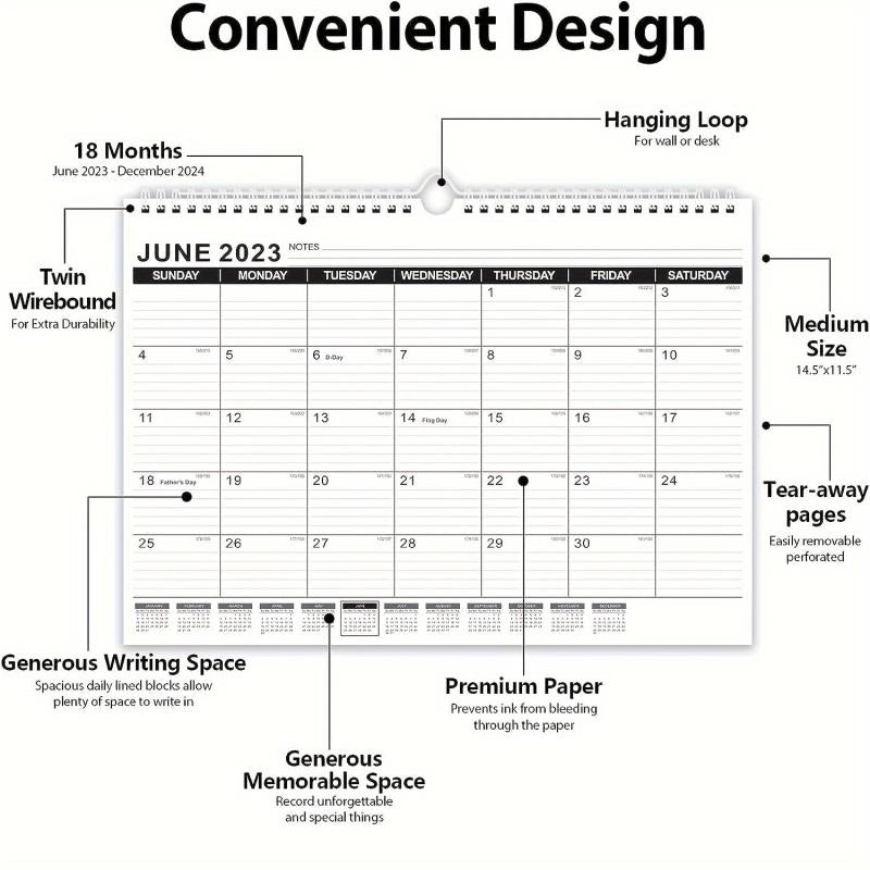 Wall Calendar 18 Monthly Calendar From January To June 36.83 X 27.94 Cm